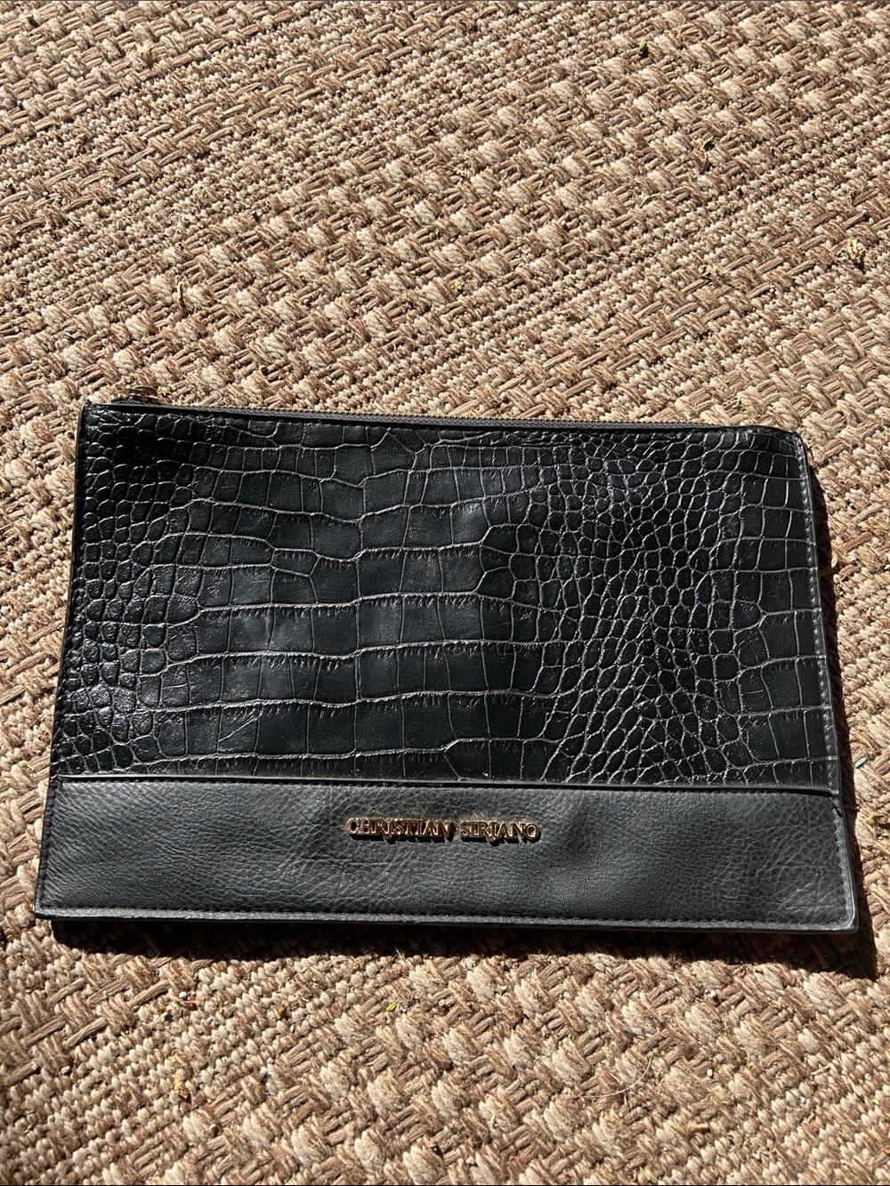 Christian Siriano Black Croc-Embossed Leather Clutch with Gold Logo